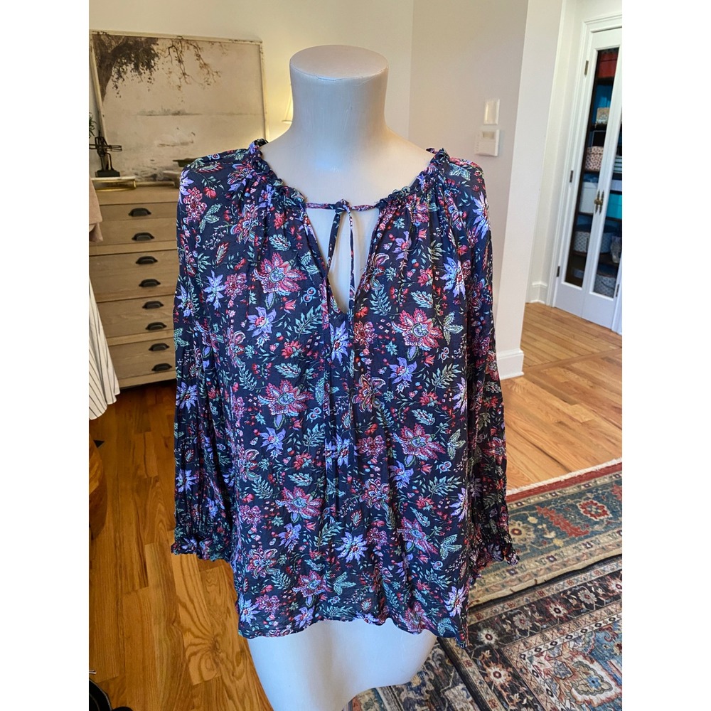 LOFT Women Navy Blue Floral Split Neck Tie Peplum Blouse Large Long Sleeve